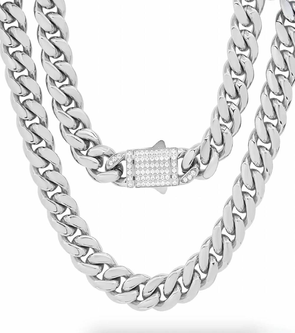 NEW STEELTIME men's thick cuban link chain with simulated diamonds clasp necklac